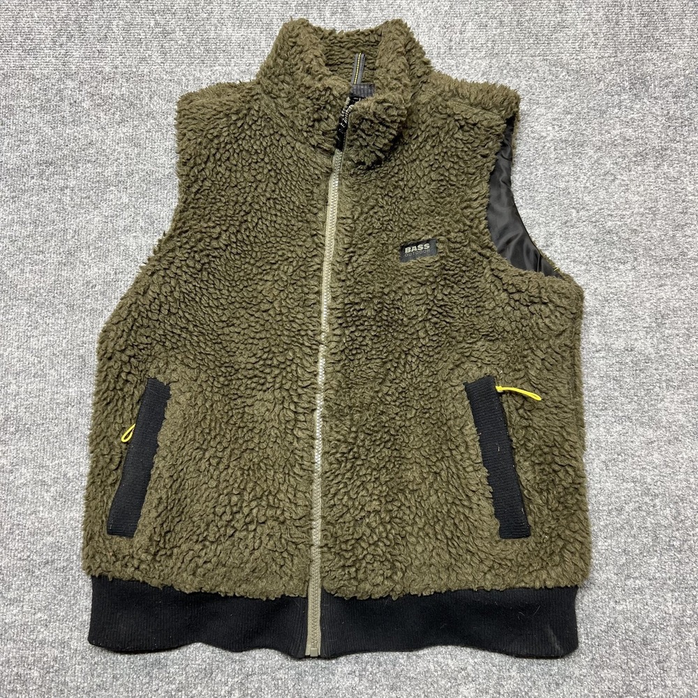 Bass Outdoor Sherpa Fleece Vest Mens Medium Green Full Zip Pockets Outdoor Warm